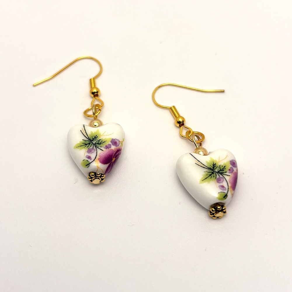 Heart Floral Ceramic Earrings with Gold Accents Handmade Hypoallergenic